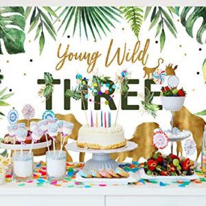 Ticuenicoa Young Wild Three 3rd Birthday Backdrop Jungle Safari Animals Background for Photography Tropical Leaves Backdrops Third Birthday Party Decorations 3 Years Old Photo Booth Props 5x3ft