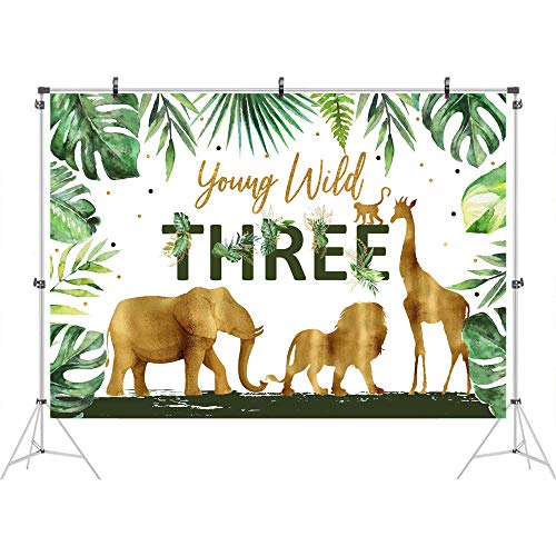 Ticuenicoa Young Wild Three 3rd Birthday Backdrop Jungle Safari Animals Background for Photography Tropical Leaves Backdrops Third Birthday Party Decorations 3 Years Old Photo Booth Props 5x3ft