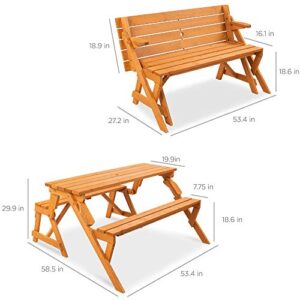 Best Choice Products 2-in-1 Transforming Interchangeable Outdoor Wooden Picnic Table Garden Bench for Backyard, Porch, Patio, Deck w/Umbrella Hole - Natural