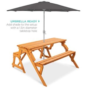 Best Choice Products 2-in-1 Transforming Interchangeable Outdoor Wooden Picnic Table Garden Bench for Backyard, Porch, Patio, Deck w/Umbrella Hole - Natural
