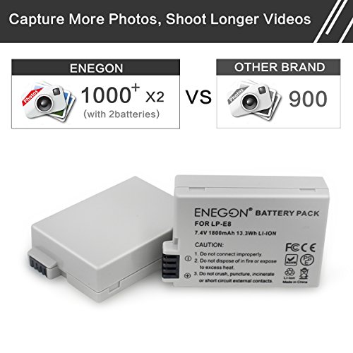 ENEGON LP-E8 Battery and Rapid Dual Charger for Canon EOS Rebel T3i T2i T4i T5i, EOS 550D 600D 650D 700D, Kiss X4 X5 X6 X6i X7i LC-E8E Digital Camera (2-Pack 1800mAh)