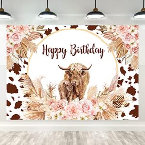 imirell cow birthday backdrop 7wx5h feet boho pink floral pampas brown cow print western farm kids bday party photography backgrounds photo shoot decor props decoration
