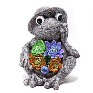 tiemahun garden statues frog figurine – adorable animal resin succulent plants with solar powered 4-led lights for halloween, patio, lawn, yard porch art decoration, ornaments gift (hat)