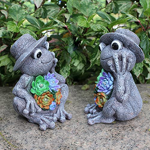 Tiemahun Garden Statues Frog Figurine - Adorable Animal Resin Succulent Plants with Solar Powered 4-LED Lights for Halloween, Patio, Lawn, Yard Porch Art Decoration, Ornaments Gift (Hat)