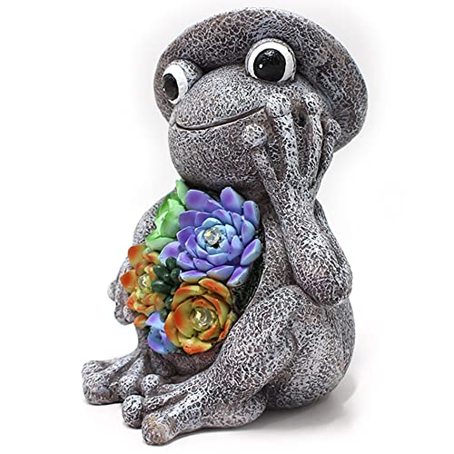 Tiemahun Garden Statues Frog Figurine - Adorable Animal Resin Succulent Plants with Solar Powered 4-LED Lights for Halloween, Patio, Lawn, Yard Porch Art Decoration, Ornaments Gift (Hat)