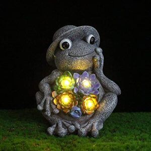 Tiemahun Garden Statues Frog Figurine - Adorable Animal Resin Succulent Plants with Solar Powered 4-LED Lights for Halloween, Patio, Lawn, Yard Porch Art Decoration, Ornaments Gift (Hat)