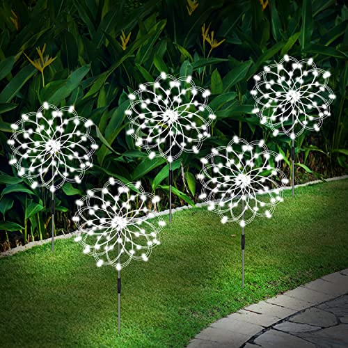 Solar Garden Lights, Firework Lights Outdoor 5 Pack 120 LED Solar Waterproof Decorative Starburst Lights Landscape Lamp 18 Hours Working Time, Decor for Courtyard Garden Christmas Party(Cool White)