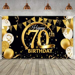birthday party decoration extra large fabric black gold sign poster for anniversary photo booth backdrop background banner, birthday party supplies, 72.8 x 43.3 inch (70th)