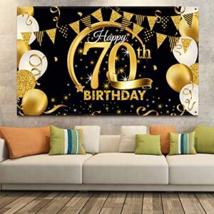Birthday Party Decoration Extra Large Fabric Black Gold Sign Poster for Anniversary Photo Booth Backdrop Background Banner, Birthday Party Supplies, 72.8 x 43.3 Inch (70th)