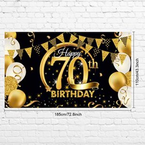 Birthday Party Decoration Extra Large Fabric Black Gold Sign Poster for Anniversary Photo Booth Backdrop Background Banner, Birthday Party Supplies, 72.8 x 43.3 Inch (70th)