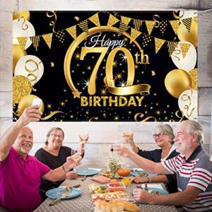 Birthday Party Decoration Extra Large Fabric Black Gold Sign Poster for Anniversary Photo Booth Backdrop Background Banner, Birthday Party Supplies, 72.8 x 43.3 Inch (70th)