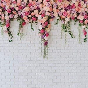 LTLYH 7x5ft White Brick Wall Flowers Backdrop Valentine's Day Theme Photography Backdrop Mother's Day Wedding Bridal Birthday Party Banner Decorations Backdrop 134