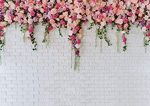 LTLYH 7x5ft White Brick Wall Flowers Backdrop Valentine's Day Theme Photography Backdrop Mother's Day Wedding Bridal Birthday Party Banner Decorations Backdrop 134