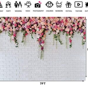 LTLYH 7x5ft White Brick Wall Flowers Backdrop Valentine's Day Theme Photography Backdrop Mother's Day Wedding Bridal Birthday Party Banner Decorations Backdrop 134