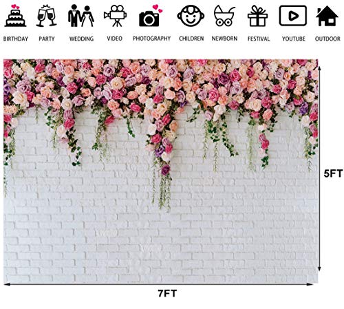 LTLYH 7x5ft White Brick Wall Flowers Backdrop Valentine's Day Theme Photography Backdrop Mother's Day Wedding Bridal Birthday Party Banner Decorations Backdrop 134