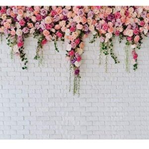 LTLYH 7x5ft White Brick Wall Flowers Backdrop Valentine's Day Theme Photography Backdrop Mother's Day Wedding Bridal Birthday Party Banner Decorations Backdrop 134