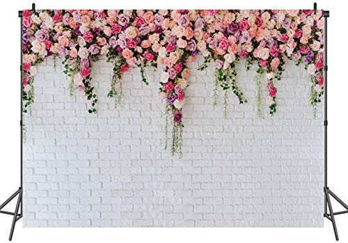 LTLYH 7x5ft White Brick Wall Flowers Backdrop Valentine's Day Theme Photography Backdrop Mother's Day Wedding Bridal Birthday Party Banner Decorations Backdrop 134