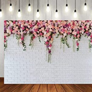 LTLYH 7x5ft White Brick Wall Flowers Backdrop Valentine's Day Theme Photography Backdrop Mother's Day Wedding Bridal Birthday Party Banner Decorations Backdrop 134