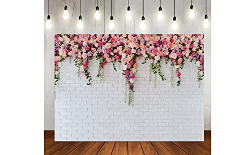 LTLYH 7x5ft White Brick Wall Flowers Backdrop Valentine's Day Theme Photography Backdrop Mother's Day Wedding Bridal Birthday Party Banner Decorations Backdrop 134