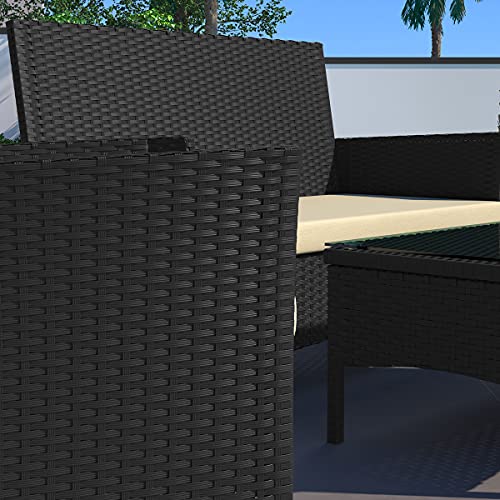 IDS Online MLM-17240 1 Loveseat 2 Single Chairs Cushion, Leisure Glass Top Coffee Table for Garden Lawn Poolside Backyard 4 Piece Rattan Pattio Outdoor Furniture Wicker Conversation Set, Black-White