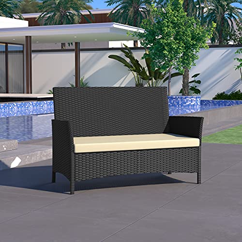 IDS Online MLM-17240 1 Loveseat 2 Single Chairs Cushion, Leisure Glass Top Coffee Table for Garden Lawn Poolside Backyard 4 Piece Rattan Pattio Outdoor Furniture Wicker Conversation Set, Black-White