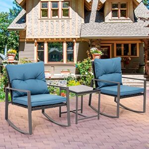 temminkii 3-piece outdoor bistro set wicker rocking chair patio furniture blue cusion glass coffee table for garden (blue)