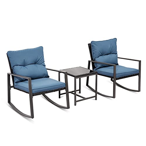 Temminkii 3-Piece Outdoor Bistro Set Wicker Rocking Chair Patio Furniture Blue Cusion Glass Coffee Table for Garden (Blue)