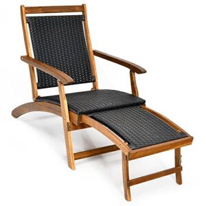tangkula acacia wood folding chaise lounge chair, patiojoy outdoor foldable deck chair, portable wicker lounger with retractable footrest, collapsible armchair ideal for garden, poolside, courtyard