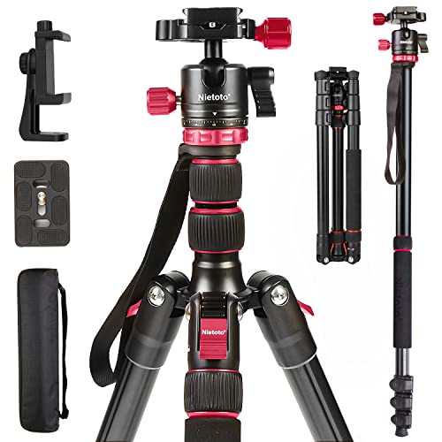 2023 New Camera Tripod, Aluminum Travel Tripod for Camera, DSLR Camema Tripod, Compact Professional Camera Tripod Monopod with 360 Panorama Ball Head, 1/4 QR Plate, Carry Bag