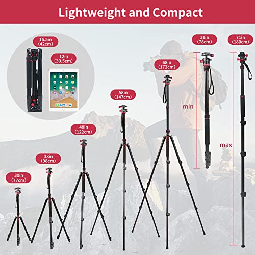 2023 New Camera Tripod, Aluminum Travel Tripod for Camera, DSLR Camema Tripod, Compact Professional Camera Tripod Monopod with 360 Panorama Ball Head, 1/4 QR Plate, Carry Bag