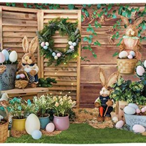 Funnytree 7x5FT Fabric Spring Happy Easter Backdrops for Photography Bunny Rabbit Grass Rustic Wood Background Baby Shower Party Supplies Decor Banner Portrait Studio Photoshoot Prop Photobooth Gift