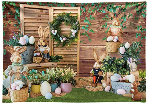 Funnytree 7x5FT Fabric Spring Happy Easter Backdrops for Photography Bunny Rabbit Grass Rustic Wood Background Baby Shower Party Supplies Decor Banner Portrait Studio Photoshoot Prop Photobooth Gift