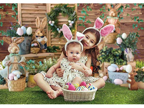 Funnytree 7x5FT Fabric Spring Happy Easter Backdrops for Photography Bunny Rabbit Grass Rustic Wood Background Baby Shower Party Supplies Decor Banner Portrait Studio Photoshoot Prop Photobooth Gift