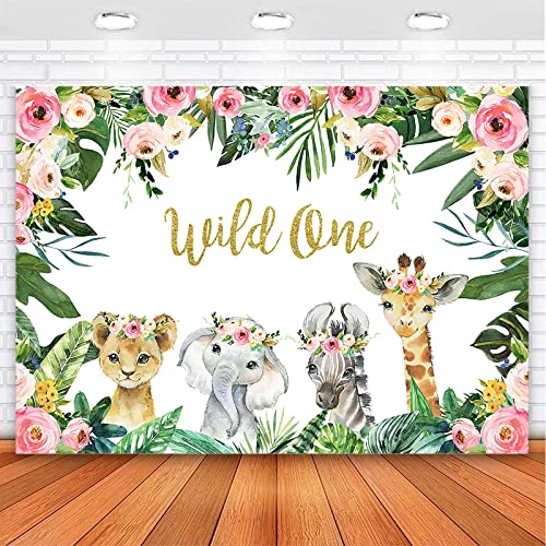 Mocsicka Girl Wild One Backdrop Jungle Safari Animals 1st Birthday Vinyl Photo Background 7x5ft Gold Wild One Birthday Banner Backdrops for Girls Cake Dessert Table Decorations