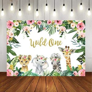 Mocsicka Girl Wild One Backdrop Jungle Safari Animals 1st Birthday Vinyl Photo Background 7x5ft Gold Wild One Birthday Banner Backdrops for Girls Cake Dessert Table Decorations