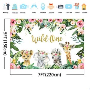 Mocsicka Girl Wild One Backdrop Jungle Safari Animals 1st Birthday Vinyl Photo Background 7x5ft Gold Wild One Birthday Banner Backdrops for Girls Cake Dessert Table Decorations