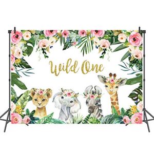 Mocsicka Girl Wild One Backdrop Jungle Safari Animals 1st Birthday Vinyl Photo Background 7x5ft Gold Wild One Birthday Banner Backdrops for Girls Cake Dessert Table Decorations