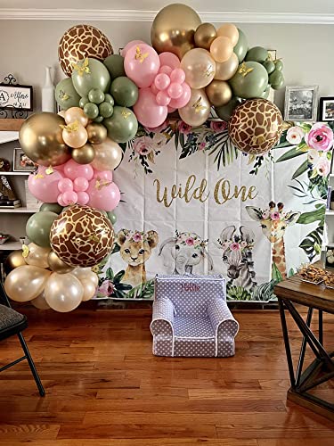 Mocsicka Girl Wild One Backdrop Jungle Safari Animals 1st Birthday Vinyl Photo Background 7x5ft Gold Wild One Birthday Banner Backdrops for Girls Cake Dessert Table Decorations