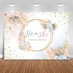 mocsicka boho gender reveal backdrop he or she boho flowers baby shower background vinyl bohemian pampas grass party cake table decorations photo booth (7x5ft)