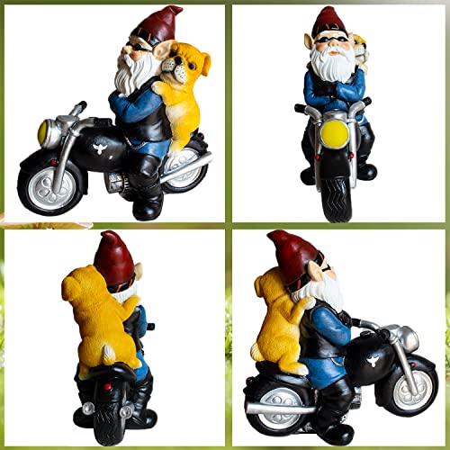 JHWKJS Garden Gnome with Lovely Dog Riding Motorcycle, Funny Outdoor Gnome Decoration Indoor Outdoor Lawn Figurines for Home Yard Décor