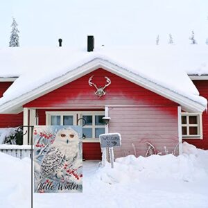 Furiaz Hello Winter Owl Red Berries Small Garden Flag, Snow House Yard Lawn Decorative Flag Tree Branches Home Outside Decoration, Christmas Snowflake Farmhouse Burlap Outdoor Decor Double Sided 12x18