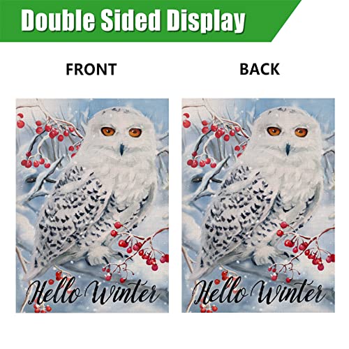 Furiaz Hello Winter Owl Red Berries Small Garden Flag, Snow House Yard Lawn Decorative Flag Tree Branches Home Outside Decoration, Christmas Snowflake Farmhouse Burlap Outdoor Decor Double Sided 12x18