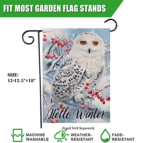 Furiaz Hello Winter Owl Red Berries Small Garden Flag, Snow House Yard Lawn Decorative Flag Tree Branches Home Outside Decoration, Christmas Snowflake Farmhouse Burlap Outdoor Decor Double Sided 12x18