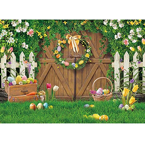 Maijoeyy 7x5ft Spring Easter Backdrop Wood Barn Door Green Grass Easter Photoshoot Background Easter Backdrops for Photography Spring Flowers Easter Photo Backdrop for Kids Easter Party
