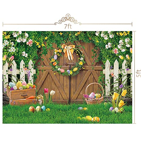 Maijoeyy 7x5ft Spring Easter Backdrop Wood Barn Door Green Grass Easter Photoshoot Background Easter Backdrops for Photography Spring Flowers Easter Photo Backdrop for Kids Easter Party