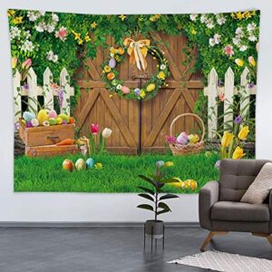 Maijoeyy 7x5ft Spring Easter Backdrop Wood Barn Door Green Grass Easter Photoshoot Background Easter Backdrops for Photography Spring Flowers Easter Photo Backdrop for Kids Easter Party