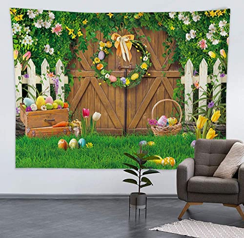 Maijoeyy 7x5ft Spring Easter Backdrop Wood Barn Door Green Grass Easter Photoshoot Background Easter Backdrops for Photography Spring Flowers Easter Photo Backdrop for Kids Easter Party