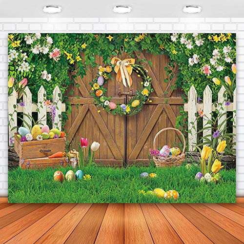 Maijoeyy 7x5ft Spring Easter Backdrop Wood Barn Door Green Grass Easter Photoshoot Background Easter Backdrops for Photography Spring Flowers Easter Photo Backdrop for Kids Easter Party