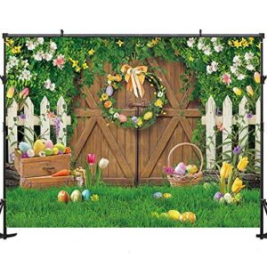 Maijoeyy 7x5ft Spring Easter Backdrop Wood Barn Door Green Grass Easter Photoshoot Background Easter Backdrops for Photography Spring Flowers Easter Photo Backdrop for Kids Easter Party