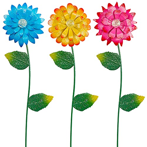 Juegoal 3 Pack Flower Garden Stakes Decor, Outdoor Metal Sunflowers Daisy Shaking Head Glow in Dark Yard Art, Rust Proof Metal Flower Stick, Indoor Outdoor Pathway Patio Lawn Decorations